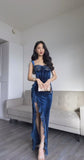 Navy Blue Mermaid Strap Velvet Lace Trim Slit Ball Gown Evening Dress HZ1024