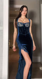 Navy Blue Mermaid Strap Velvet Lace Trim Slit Ball Gown Evening Dress HZ1024