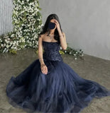 Elegant A-line Strapless Sequined Tulle Formal Prom Gown Evening Dress HZ1024