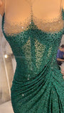 Chic Green Mermaid Off Shoulder Beaded Tea Length Ball Gown Evening Dress HZ1024