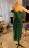 Chic Green Mermaid Off Shoulder Beaded Tea Length Ball Gown Evening Dress HZ1024