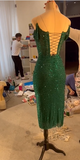Chic Green Mermaid Off Shoulder Beaded Tea Length Ball Gown Evening Dress HZ1024