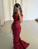 Elegant Burgundy Mermaid Off Shoulder 3D Floral Floor-Mounting Ball Gown Evening Dress HZ1024