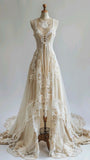 Vintage Ivory Round Neck Lace Sleeveless High-Low Train Wedding Dress HZ1024
