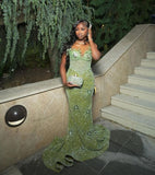 Charming Green Mermaid Off Shoulder Beaded Sequin Floor Length Formal Prom Dress Evening Gown HZ1024