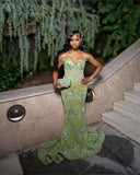 Charming Green Mermaid Off Shoulder Beaded Sequin Floor Length Formal Prom Dress Evening Gown HZ1024