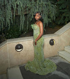 Charming Green Mermaid Off Shoulder Beaded Sequin Floor Length Formal Prom Dress Evening Gown HZ1024