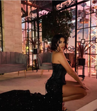 Gorgeous Black Off-the-shoulder Sequin Mermaid High Slit Long Ball Gown Evening Dress HZ1024