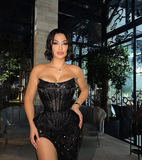 Gorgeous Black Off-the-shoulder Sequin Mermaid High Slit Long Ball Gown Evening Dress HZ1024