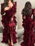 Vintage Burgundy Long Sleeve Lace High-Low Train Ball Gown Evening Dress HZ1024