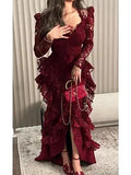 Vintage Burgundy Long Sleeve Lace High-Low Train Ball Gown Evening Dress HZ1024