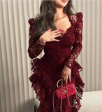 Vintage Burgundy Long Sleeve Lace High-Low Train Ball Gown Evening Dress HZ1024