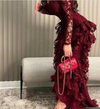 Vintage Burgundy Long Sleeve Lace High-Low Train Ball Gown Evening Dress HZ1024
