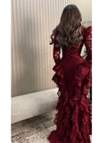 Vintage Burgundy Long Sleeve Lace High-Low Train Ball Gown Evening Dress HZ1024