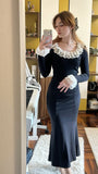 Gentle Black Mermaid Round Neck Long Sleeve Lace Edge Tea Length Ball Gown Evening Dress HZ1024