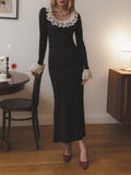 Gentle Black Mermaid Round Neck Long Sleeve Lace Edge Tea Length Ball Gown Evening Dress HZ1024
