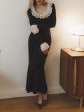 Gentle Black Mermaid Round Neck Long Sleeve Lace Edge Tea Length Ball Gown Evening Dress HZ1024