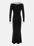 Gentle Black Mermaid Round Neck Long Sleeve Lace Edge Tea Length Ball Gown Evening Dress HZ1024