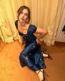 Soft Navy Short Sleeve Satin Ankle Length Ball Gown Evening Dress HZ1024