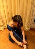 Soft Navy Short Sleeve Satin Ankle Length Ball Gown Evening Dress HZ1024