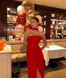 Elegant Red Strapless High Slit Mermaid Formal Prom Dress Evening Gown HZ1024