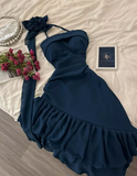 Blue Chiffon Halter Neck Off Shoulder Sleeveless Ruffled Homecoming Dress HZ1024