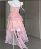 Sweet Pink Birthday Party Dress Strapless Layered High Low Homecoming Dress HZ1024