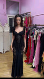 Sexy Black Mermaid Lace Strapless Chiffon Edge Ball Gown Evening Dress HZ1024