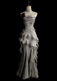 Vintage Silver Grey Mermaid Strap Sleeveless Lace Edge Ball Gown Evening Dress HZ1024