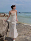 Vintage Ivory Mermaid Spaghetti Strap Pearl Lace Ankle-Length Ball Gown Evening Dress HZ1024