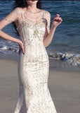 Vintage Ivory Mermaid Spaghetti Strap Pearl Lace Ankle-Length Ball Gown Evening Dress HZ1024