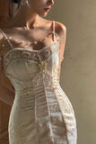 Vintage Ivory Mermaid Spaghetti Strap Pearl Lace Ankle-Length Ball Gown Evening Dress HZ1024