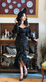 Vintage Black Mermaid Long Sleeve Ruffle Graduation Gown Evening Dress HZ1024
