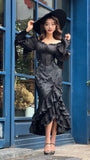 Vintage Black Mermaid Long Sleeve Ruffle Graduation Gown Evening Dress HZ1024