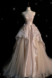 Elegant Pink A-line Strapless Pearl Tulle Floor-length Formal Prom Dress Evening Gown HZ1024