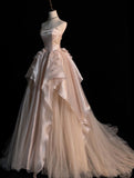 Elegant Pink A-line Strapless Pearl Tulle Floor-length Formal Prom Dress Evening Gown HZ1024