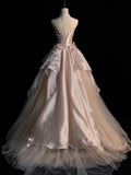 Elegant Pink A-line Strapless Pearl Tulle Floor-length Formal Prom Dress Evening Gown HZ1024