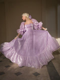 Charming Purple A-line Short Sleeve Flowing Floor-length Ball Gown Evening Dress HZ1024