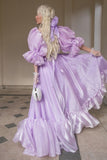 Charming Purple A-line Short Sleeve Flowing Floor-length Ball Gown Evening Dress HZ1024