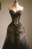 Black A-line Sweetheart Neck Strapless Lace Tulle Wedding Dress HZ1024