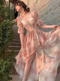 Sweet Pink A-line Short Sleeve Chiffon High-Low Ball Gown Evening Dress HZ1024