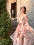 Sweet Pink A-line Short Sleeve Chiffon High-Low Ball Gown Evening Dress HZ1024