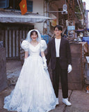 Vintage French White A-line Short Sleeve Floor Length Wedding Dress HZ1024