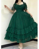Green A-Line Short Sleeve Tulle Ankle-Length Ball Gown Evening Gown HZ1024