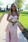 Elegant Pink Sweetheart Neck Mermaid Slit Satin Formal Prom Dress Evening Gown HZ1024