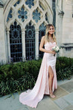 Elegant Pink Sweetheart Neck Mermaid Slit Satin Formal Prom Dress Evening Gown HZ1024