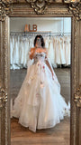 Elegant White A-line Strap Printed Tulle Wedding Dress with Train HZ1024