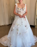 Elegant White A-line Strap Printed Tulle Wedding Dress with Train HZ1024