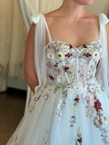 Elegant White A-line Strap Printed Tulle Wedding Dress with Train HZ1024