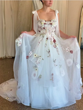 Elegant White A-line Strap Printed Tulle Wedding Dress with Train HZ1024